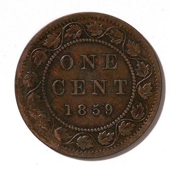 1859 - Narrow 9 Canada 1 Cent reverse