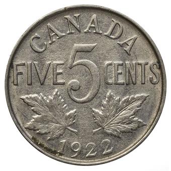 1922 - Far Rim Canada 5 Cents reverse
